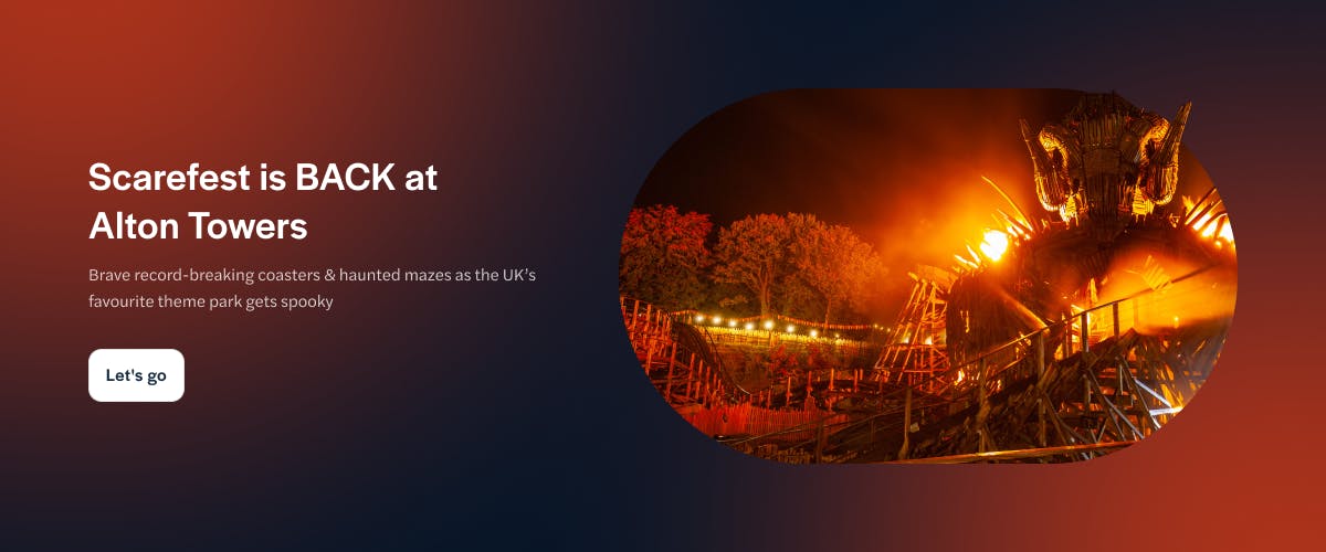 Alton Towers Scarefest promo banner with fiery roller coaster scene.